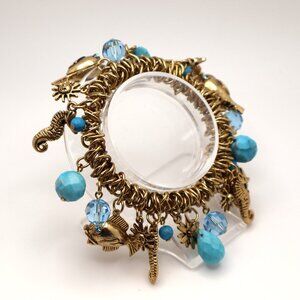 Mermaid's Dream Blue and Gold Tone Stretch Charm Bracelet Undersea Seahorse Fish